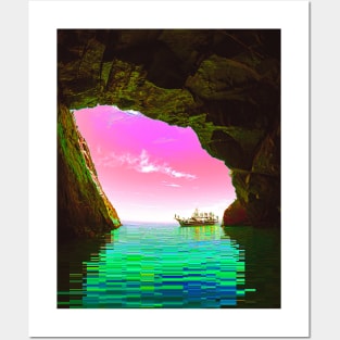 Pixel Sea Boat Glitch Art Posters and Art